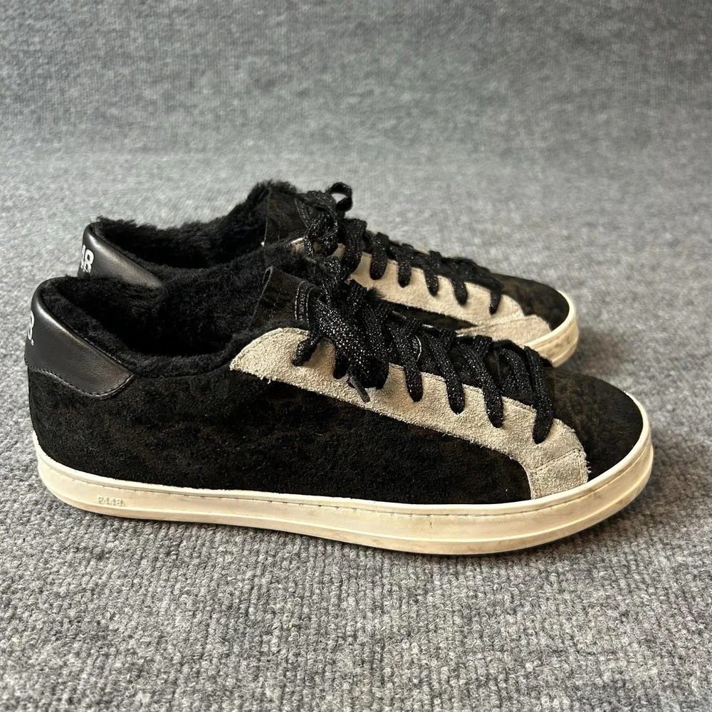 P448 Shoes Mens Size 8 Black Animal Print Faux Fur Lined Lace Up Sneakers EU 41